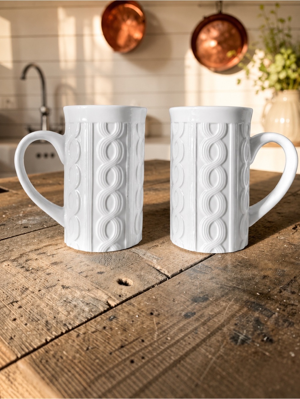 Bay Island Sweater Mug Cable Knit White/Cream Mug Embossed 12 oz set of 2